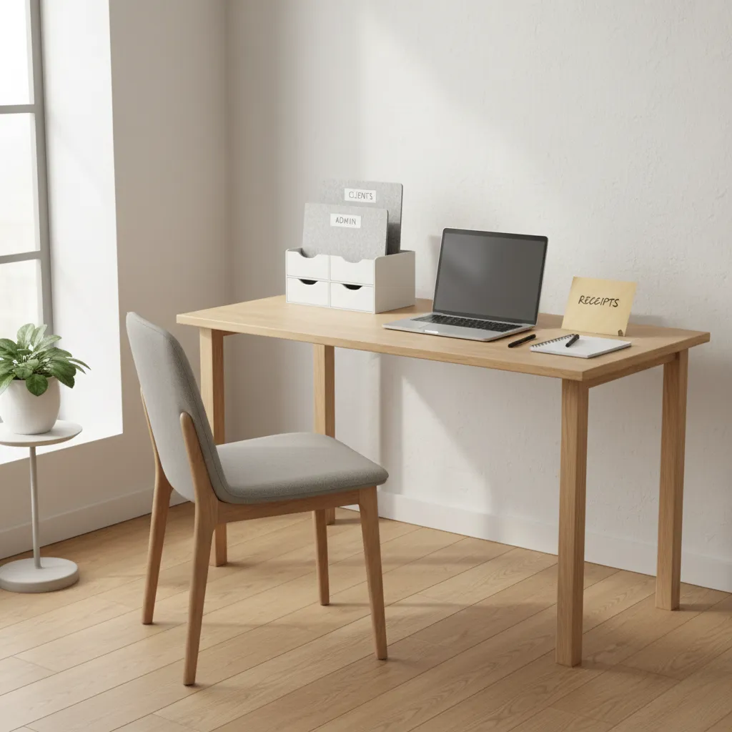 Freelancer desk with small mail station trays folders and minimalist organization