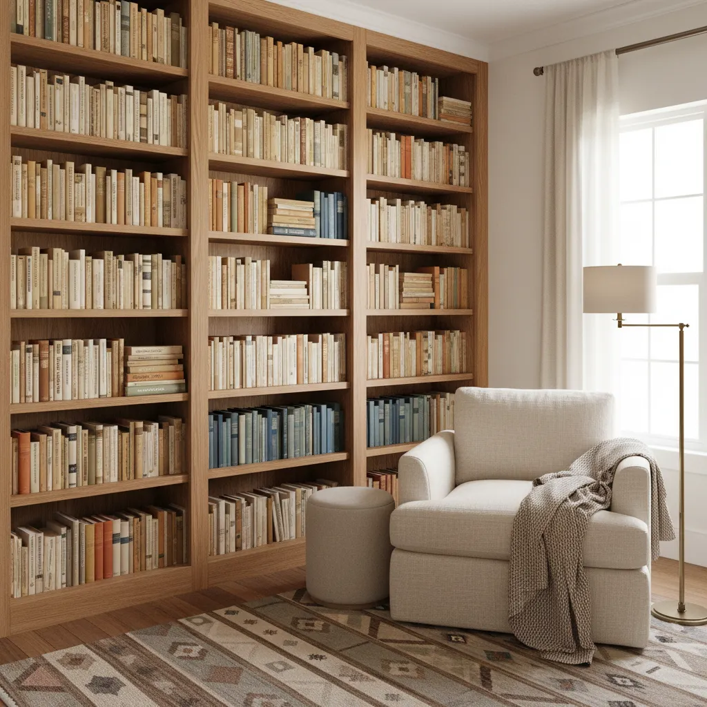 Freestanding tall bookshelves used in a small home library