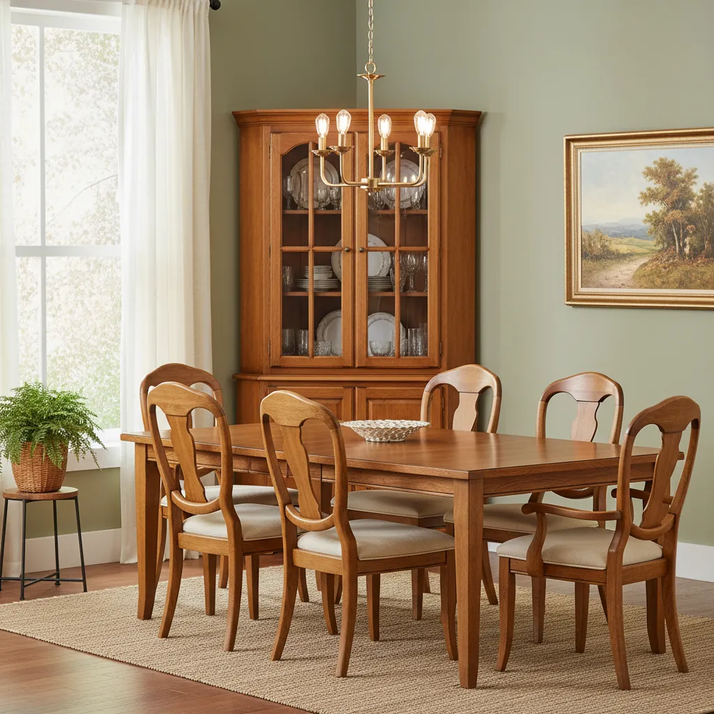 Traditional freestanding wooden corner cabinet in dining room