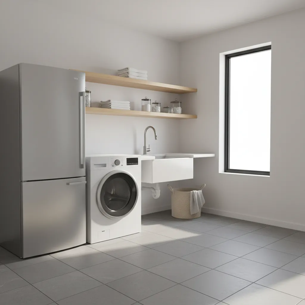 Freestanding refrigerator positioned in a laundry room appliance zone