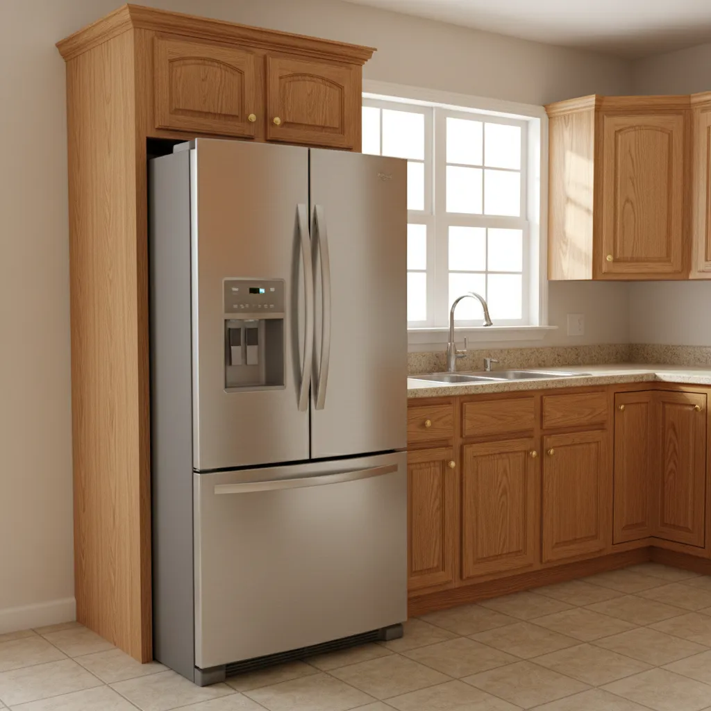 freestanding refrigerator extending beyond kitchen cabinet line