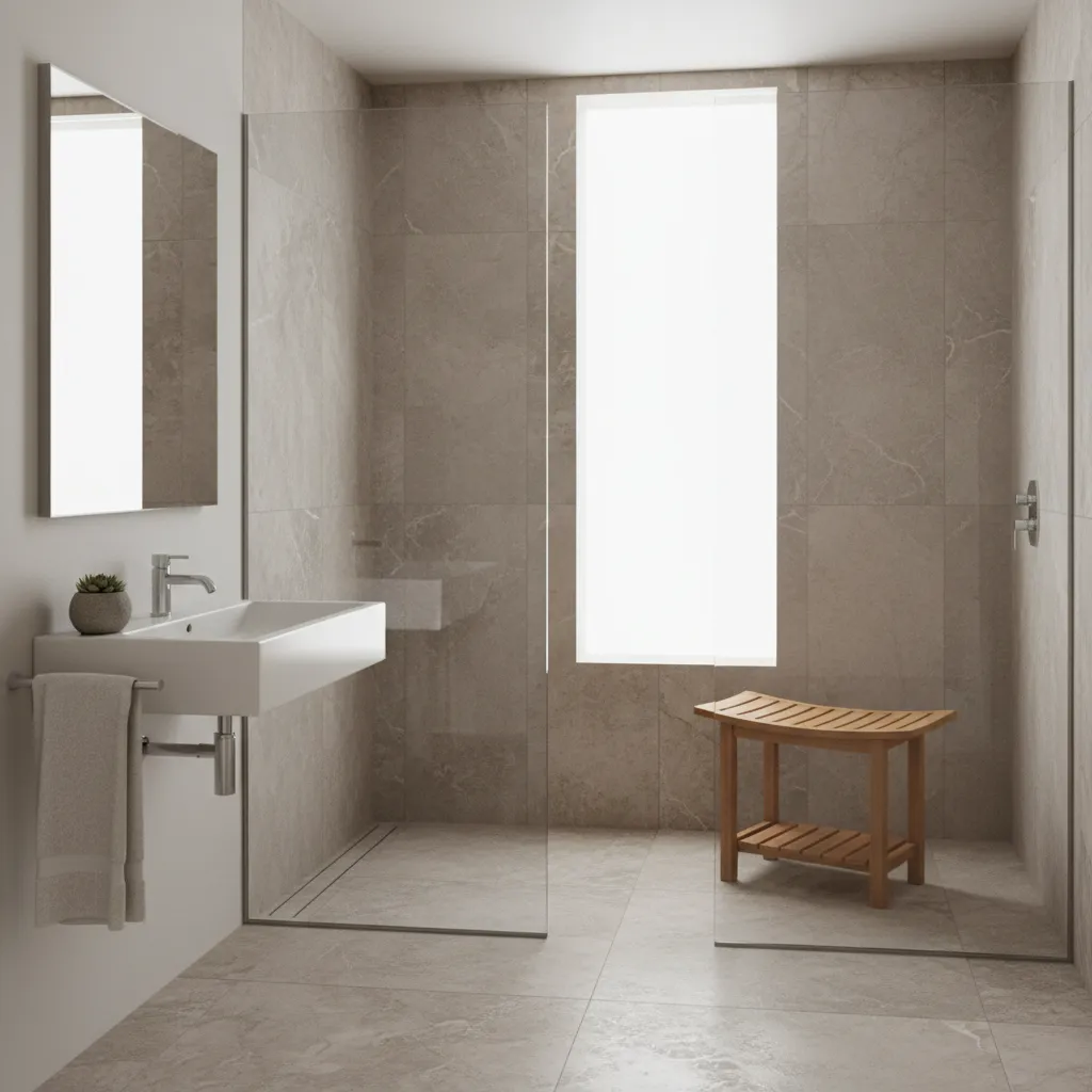freestanding teak shower bench inside modern bathroom