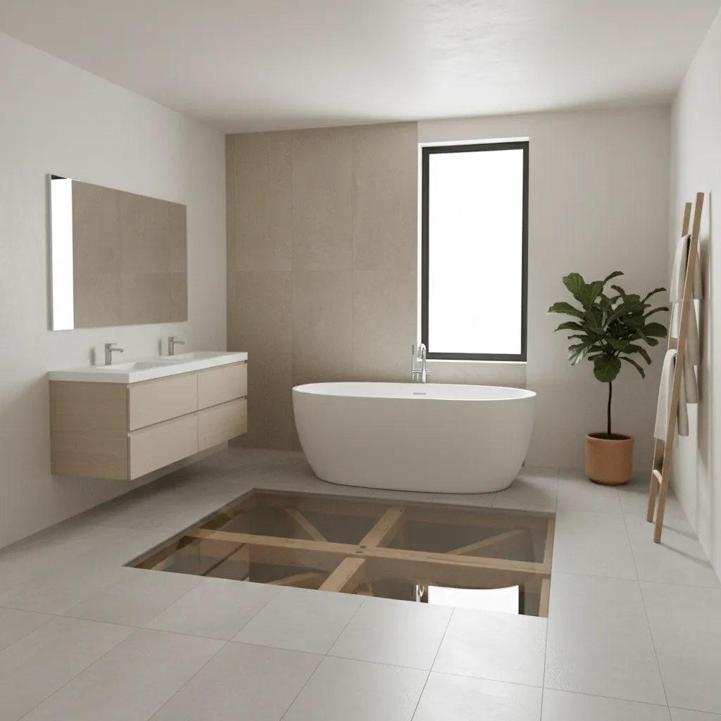 Freestanding bathtub installed over reinforced bathroom floor structure