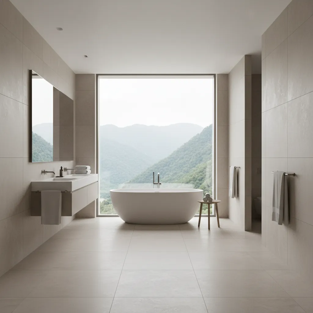 Freestanding bathtub placed near a large window in a bright bathroom