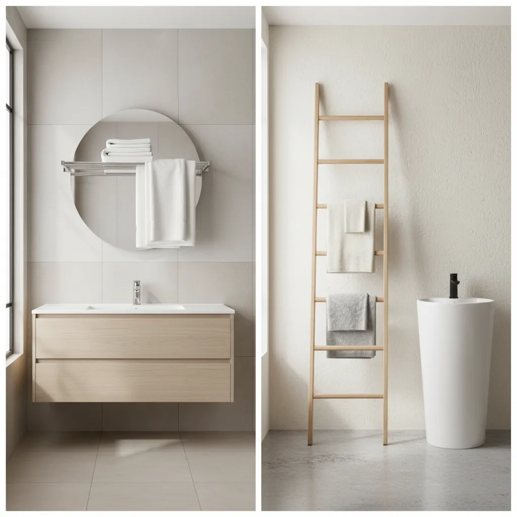 Comparison of freestanding ladder towel rack and wall mounted towel bar