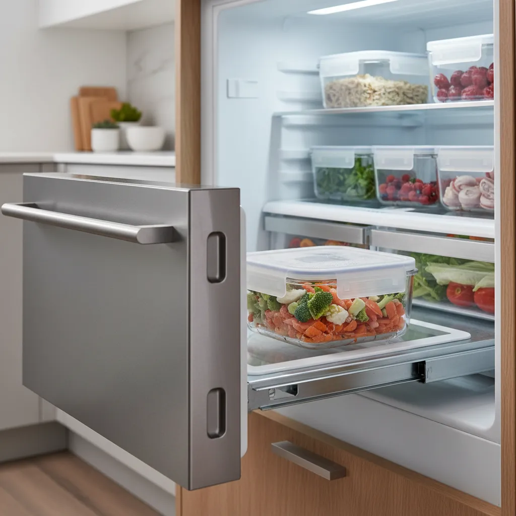 Food scraps stored in sealed container inside freezer for odor free waste storage