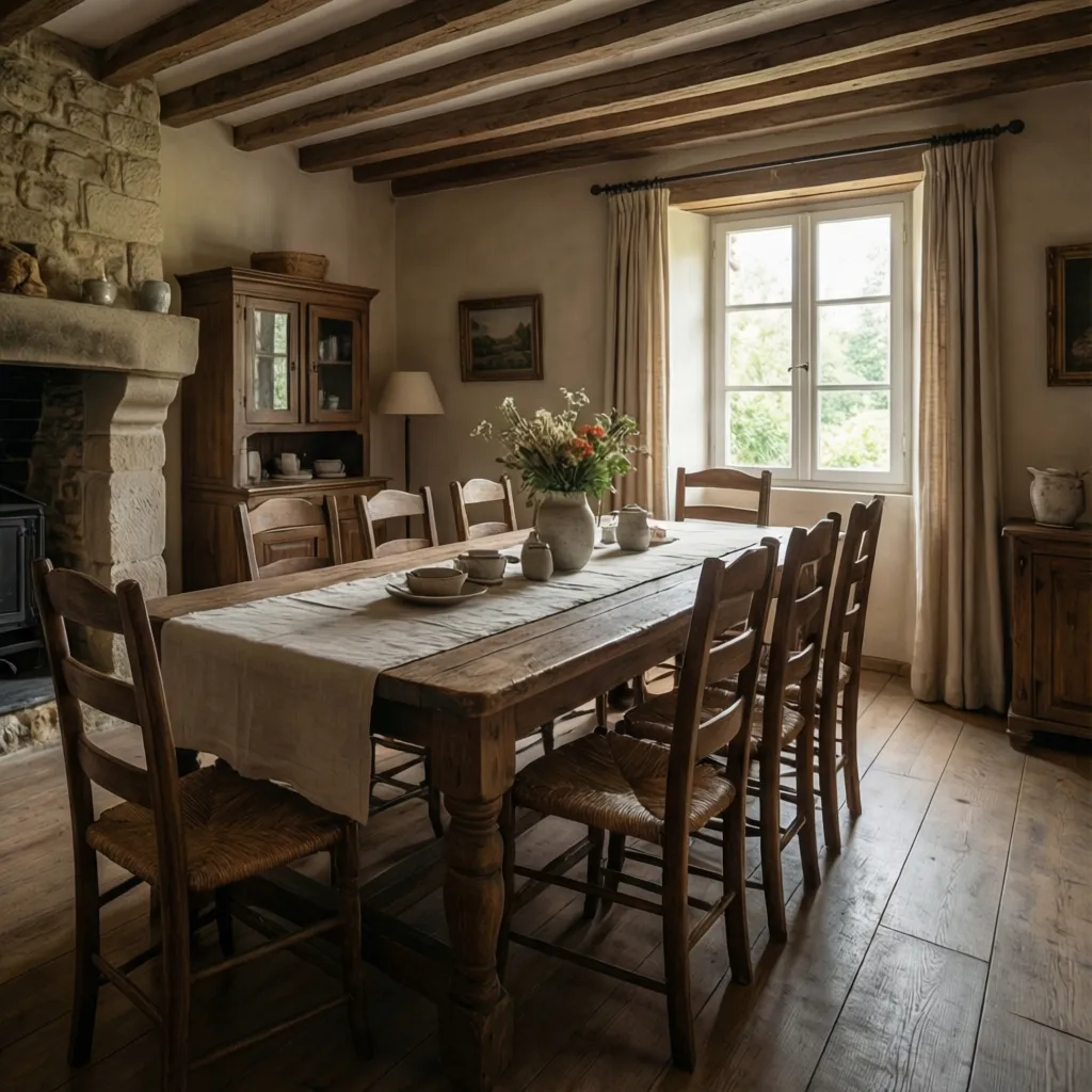 Warm French Country dining room with wooden farmhouse table and rustic decor