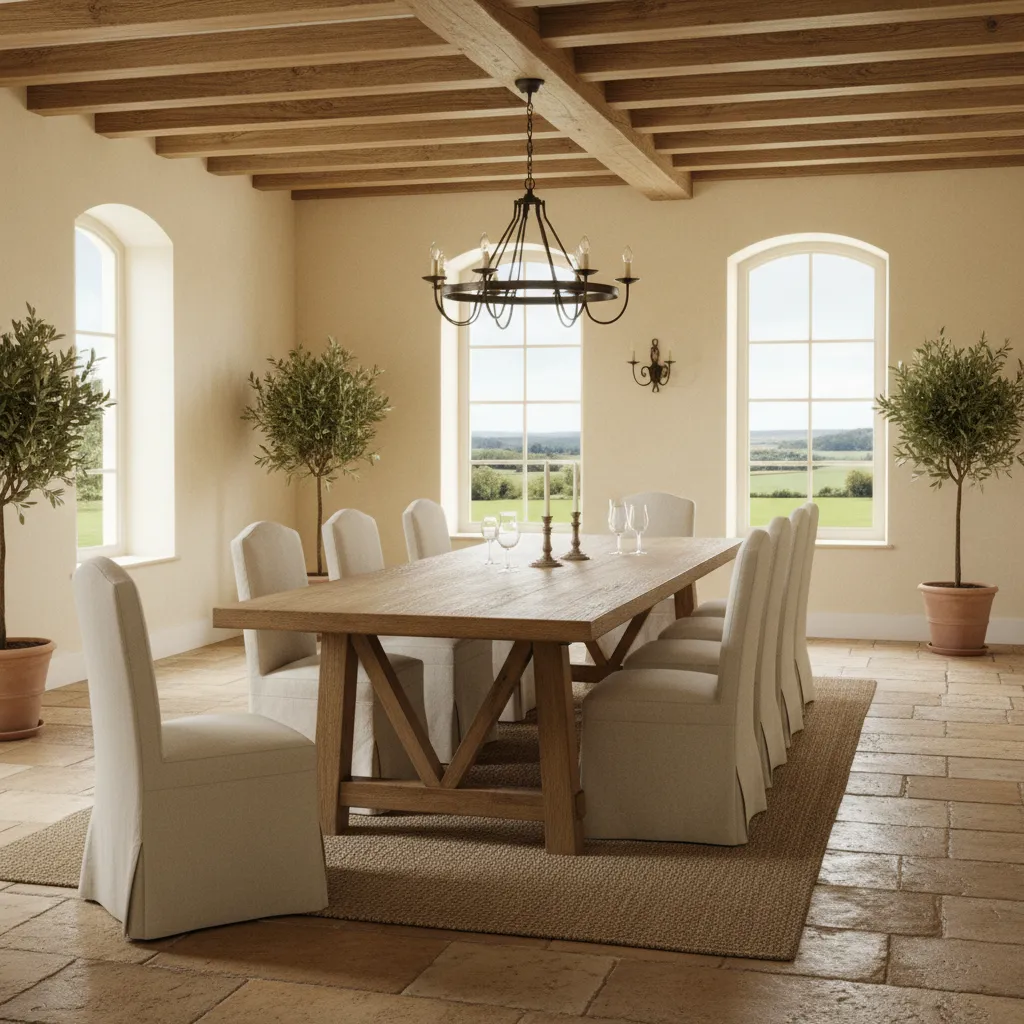 authentic French Country dining room with rustic wood table and natural textures