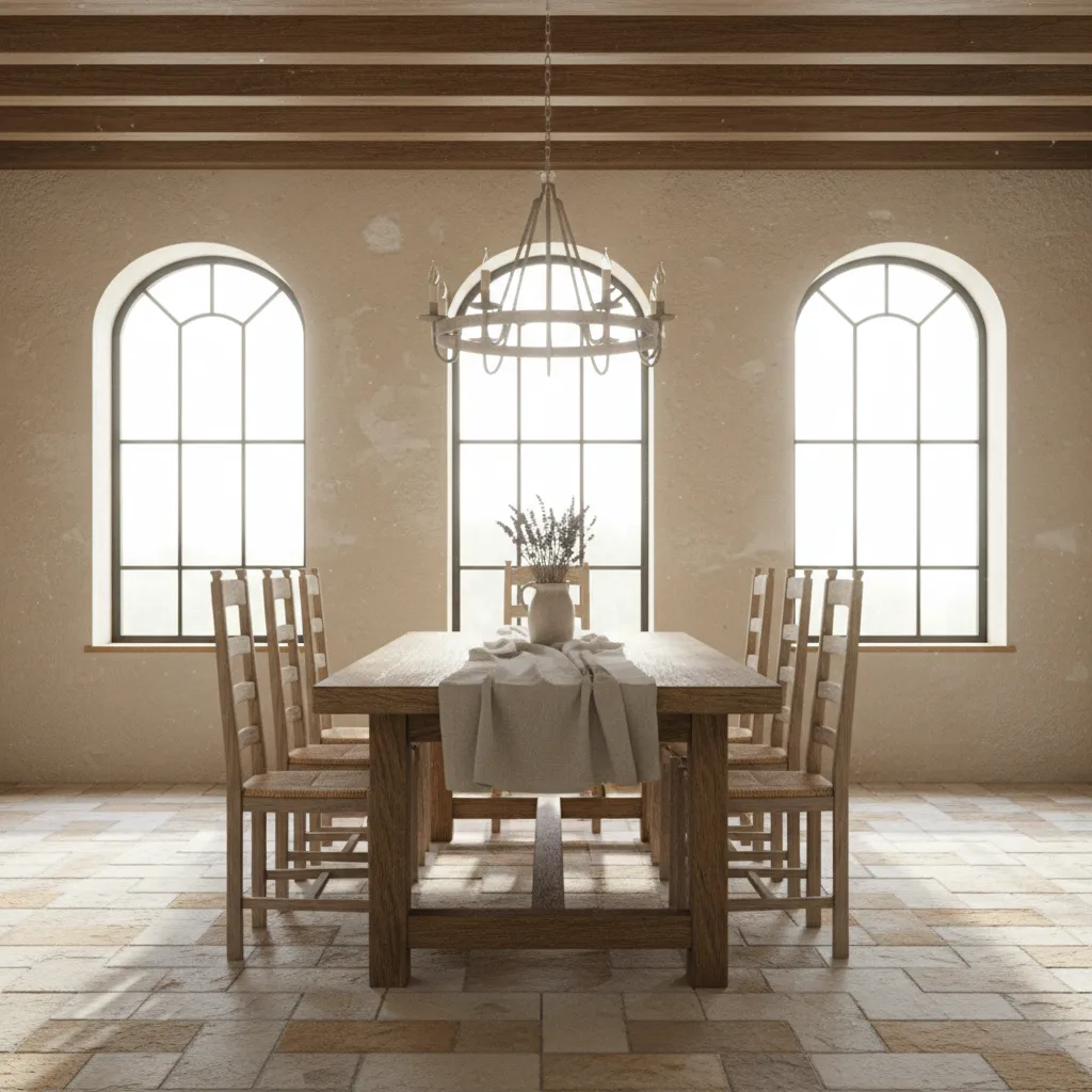 French Country dining room with centered farmhouse table and open circulation