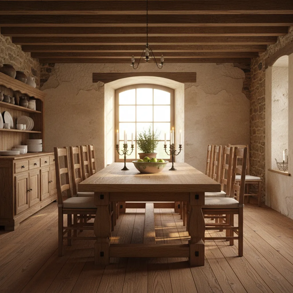 French Country dining room with large rustic farmhouse wooden dining table
