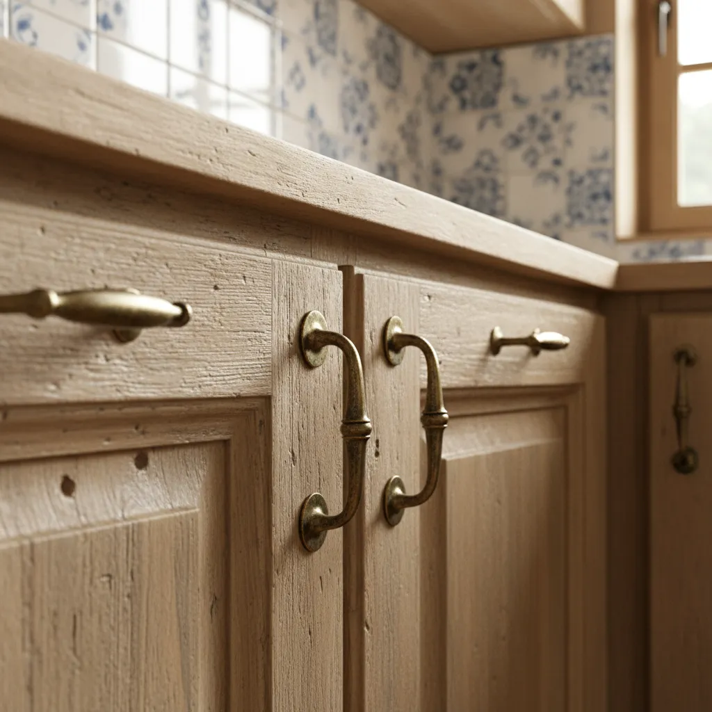 Close up of rustic cabinet details and brass hardware in French country kitchen
