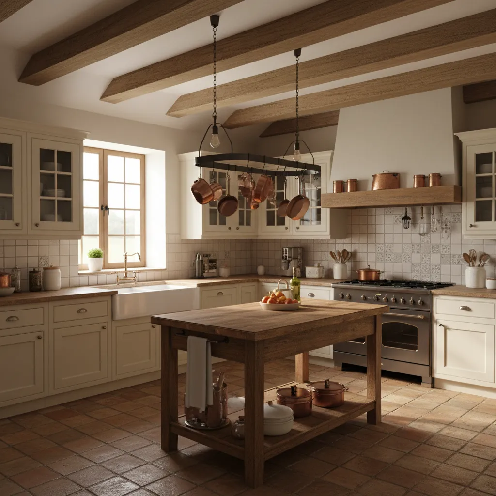 French country style kitchen with wood cabinets farmhouse sink and warm neutral colors