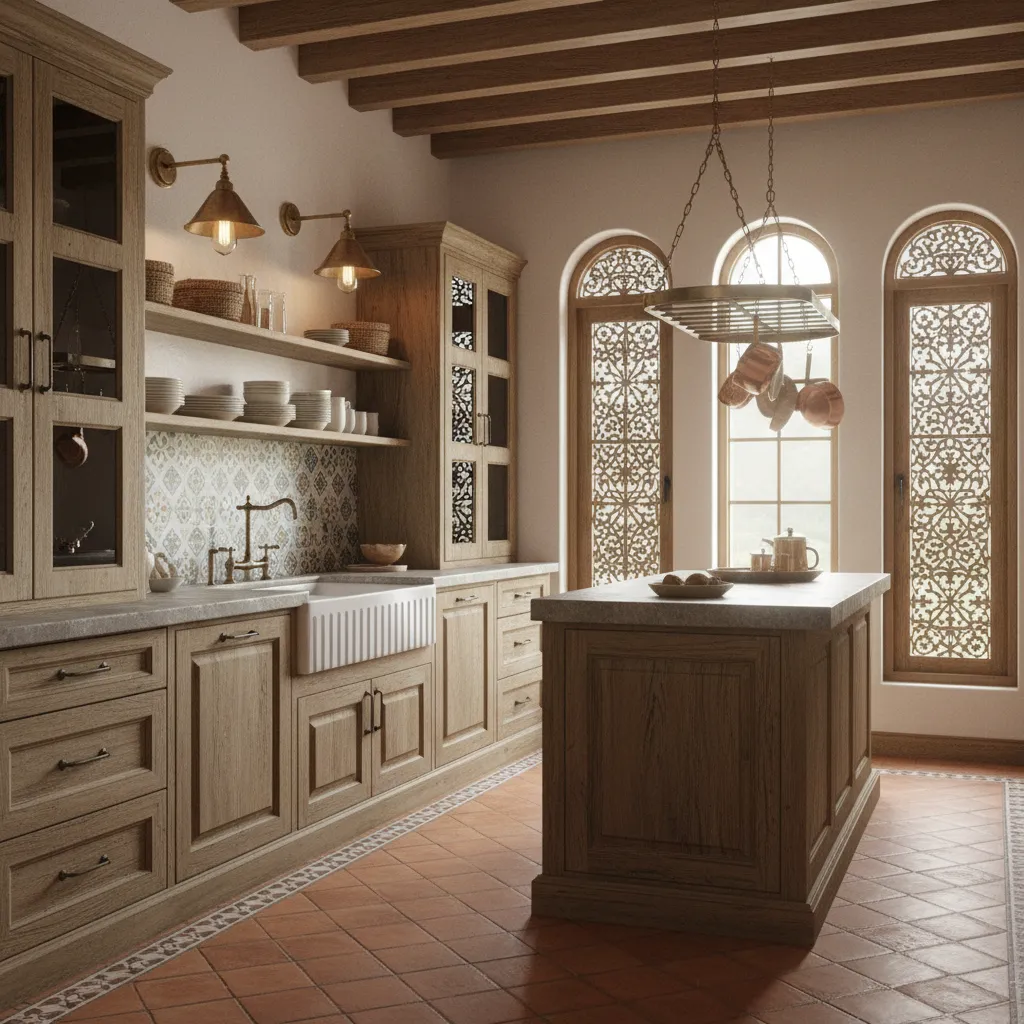 Completed French country kitchen inside an Indian villa with warm rustic finishes