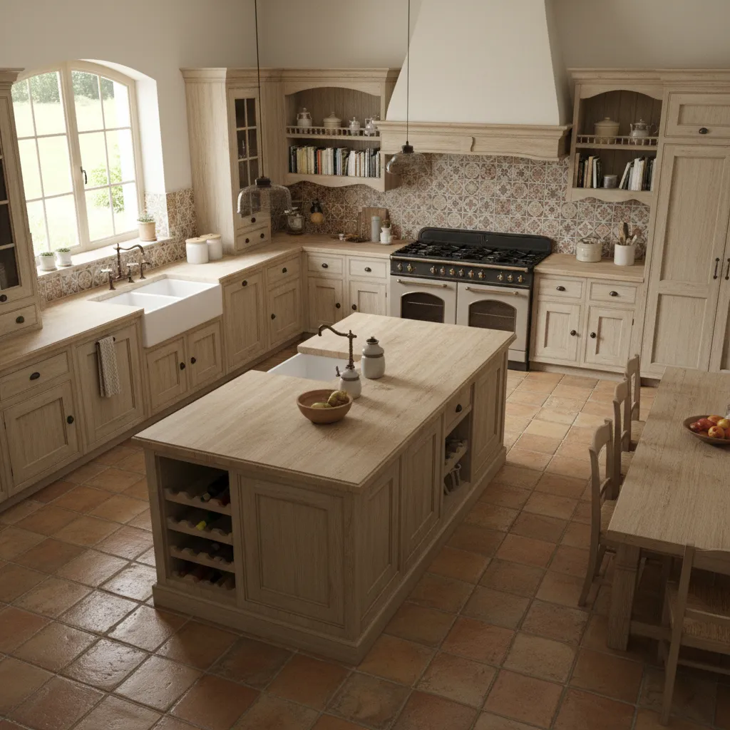 French country kitchen layout with island and rustic cabinetry