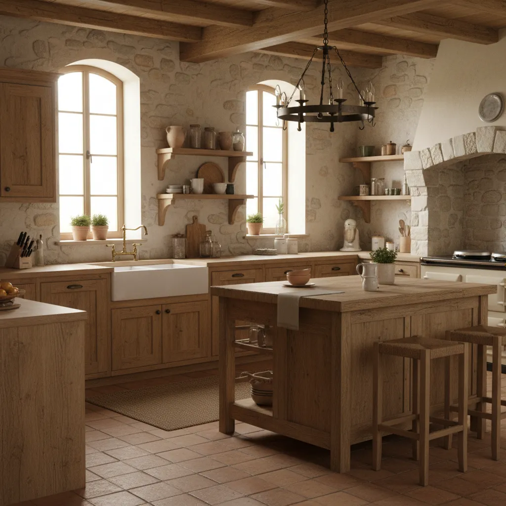 Rustic French country kitchen style with wooden cabinets and farmhouse sink