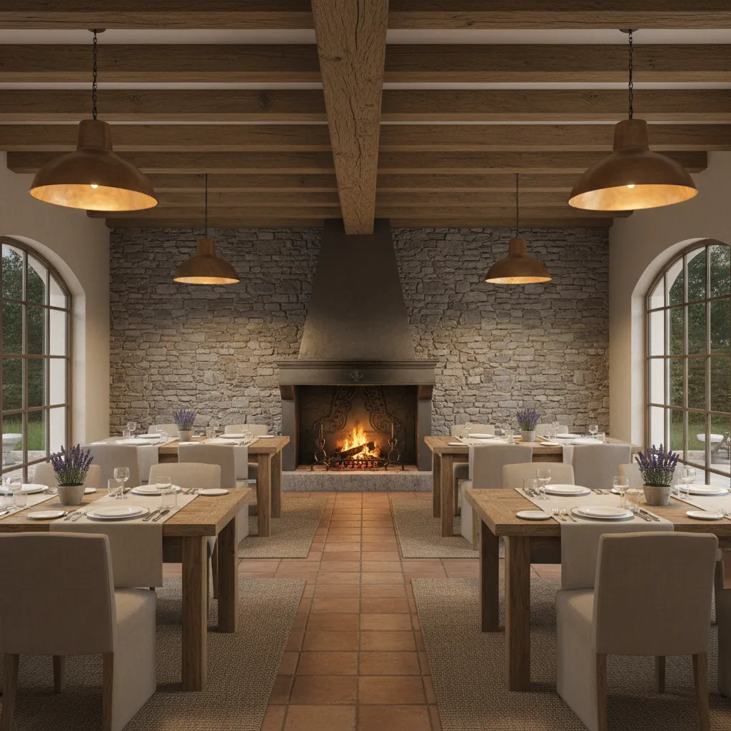 Rustic French Country restaurant dining room with wooden beams and warm lighting