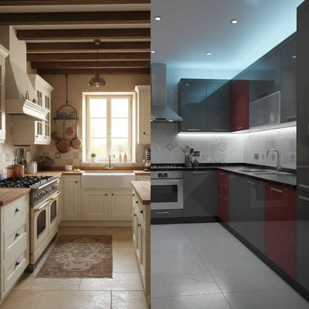 French Country Kitchen vs Modern Indian Kitchen Key Design Differences