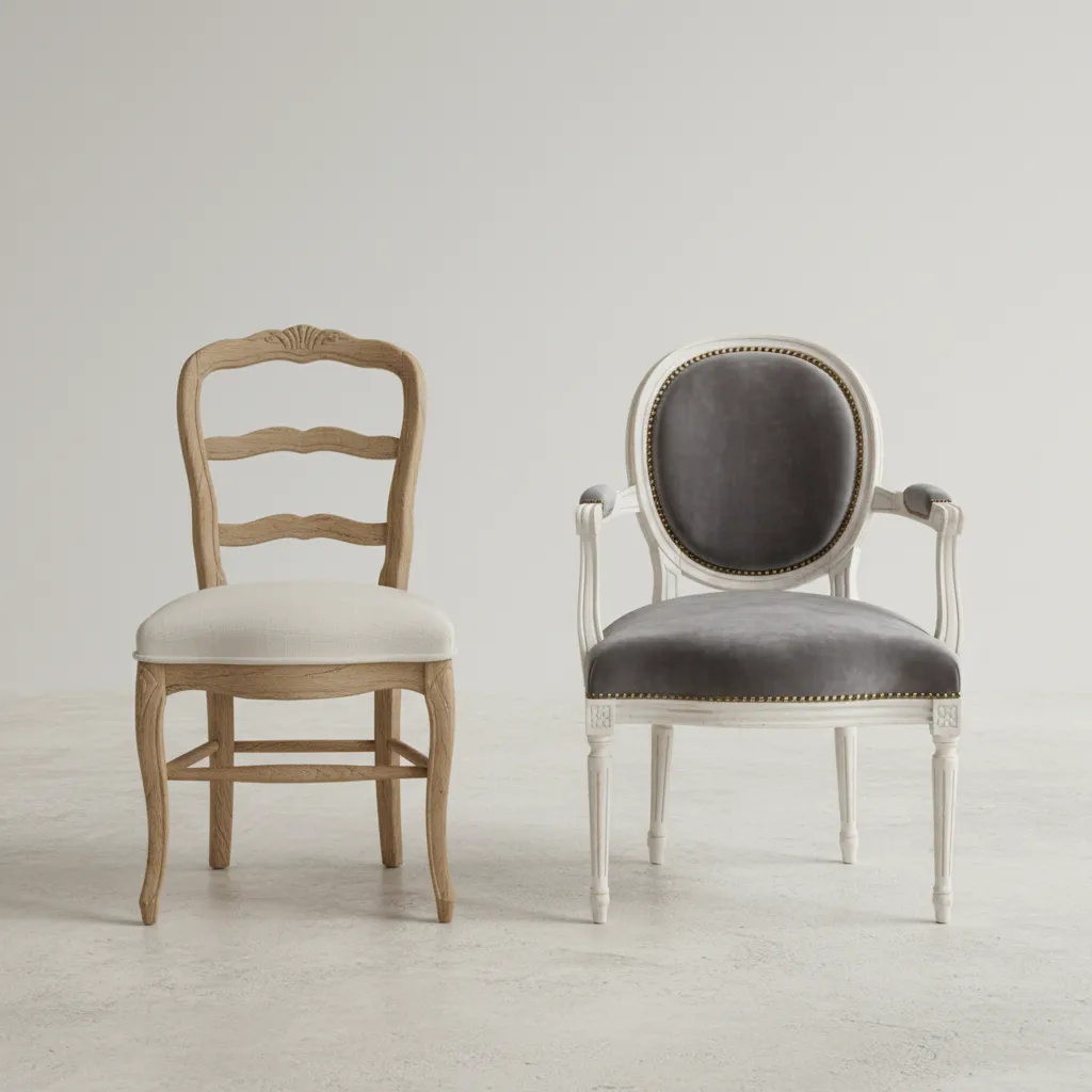 Comparison of rustic French Country chairs and elegant Parisian dining chairs