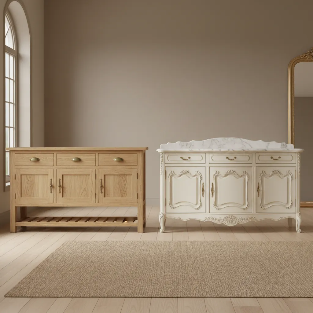 Rustic French Country wooden sideboard next to elegant Parisian buffet cabinet