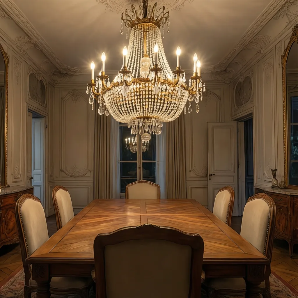French dining room with classic chandelier lighting above table