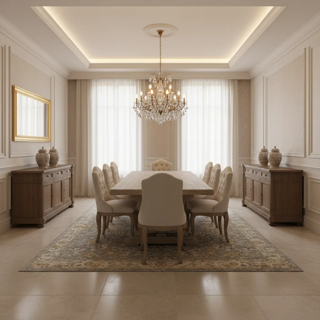 Dining room chandelier centered above table in French style interior
