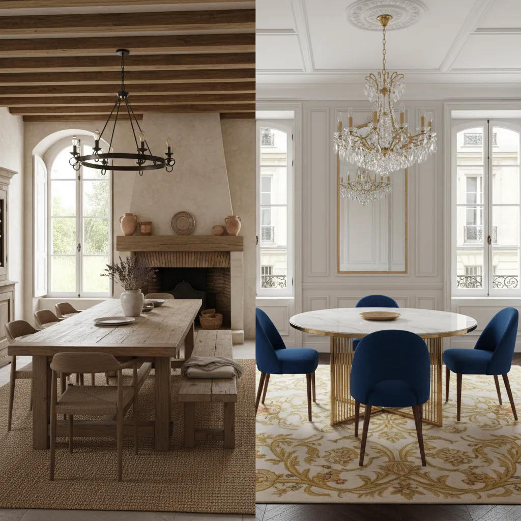 Visual comparison between rustic French Country and refined Parisian dining styles