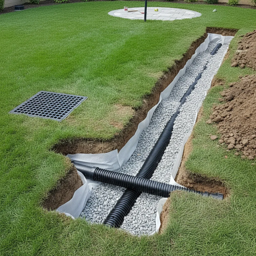 Combination of French drain pipe and catch basin installed in residential yard