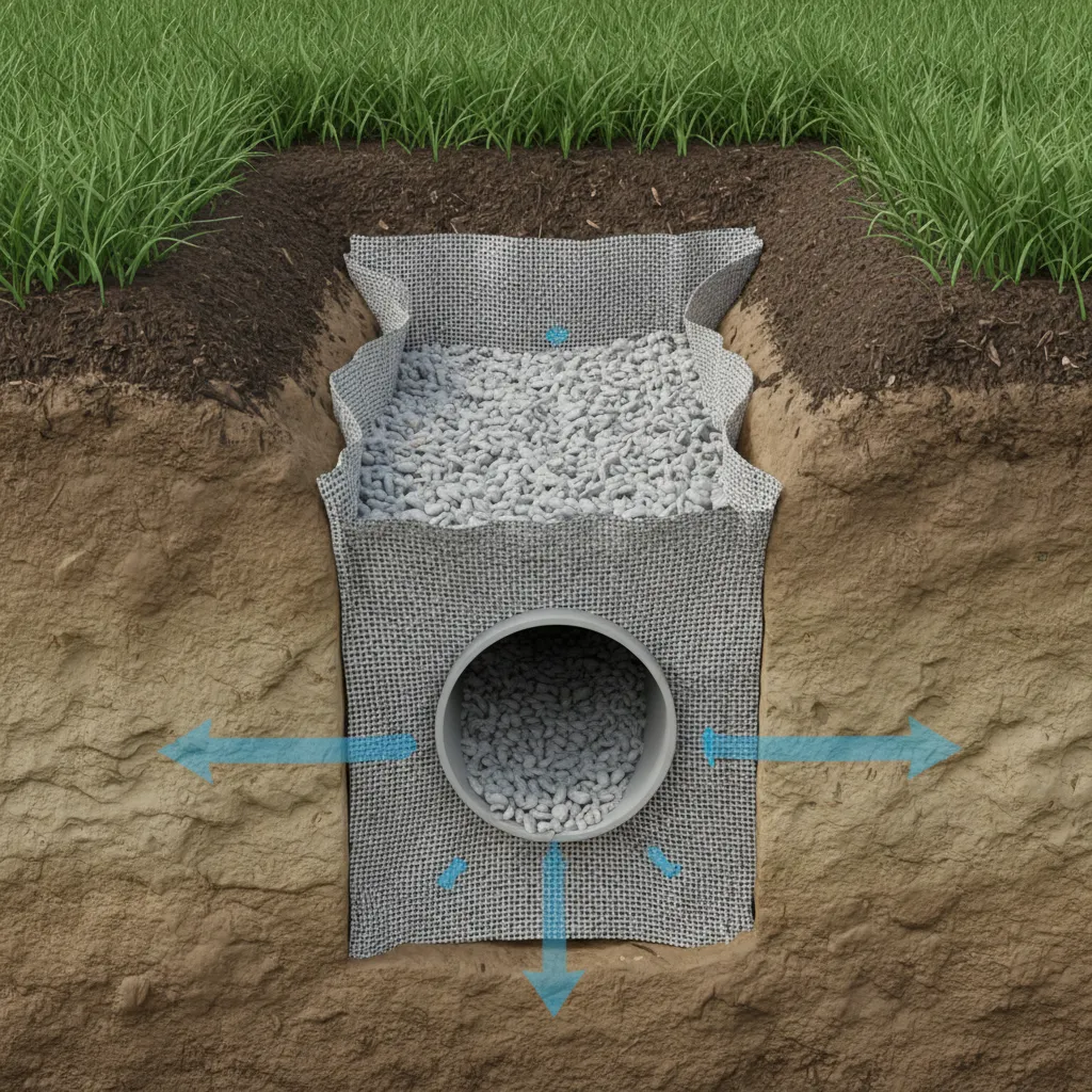 Cross section of a French drain with gravel trench and perforated pipe