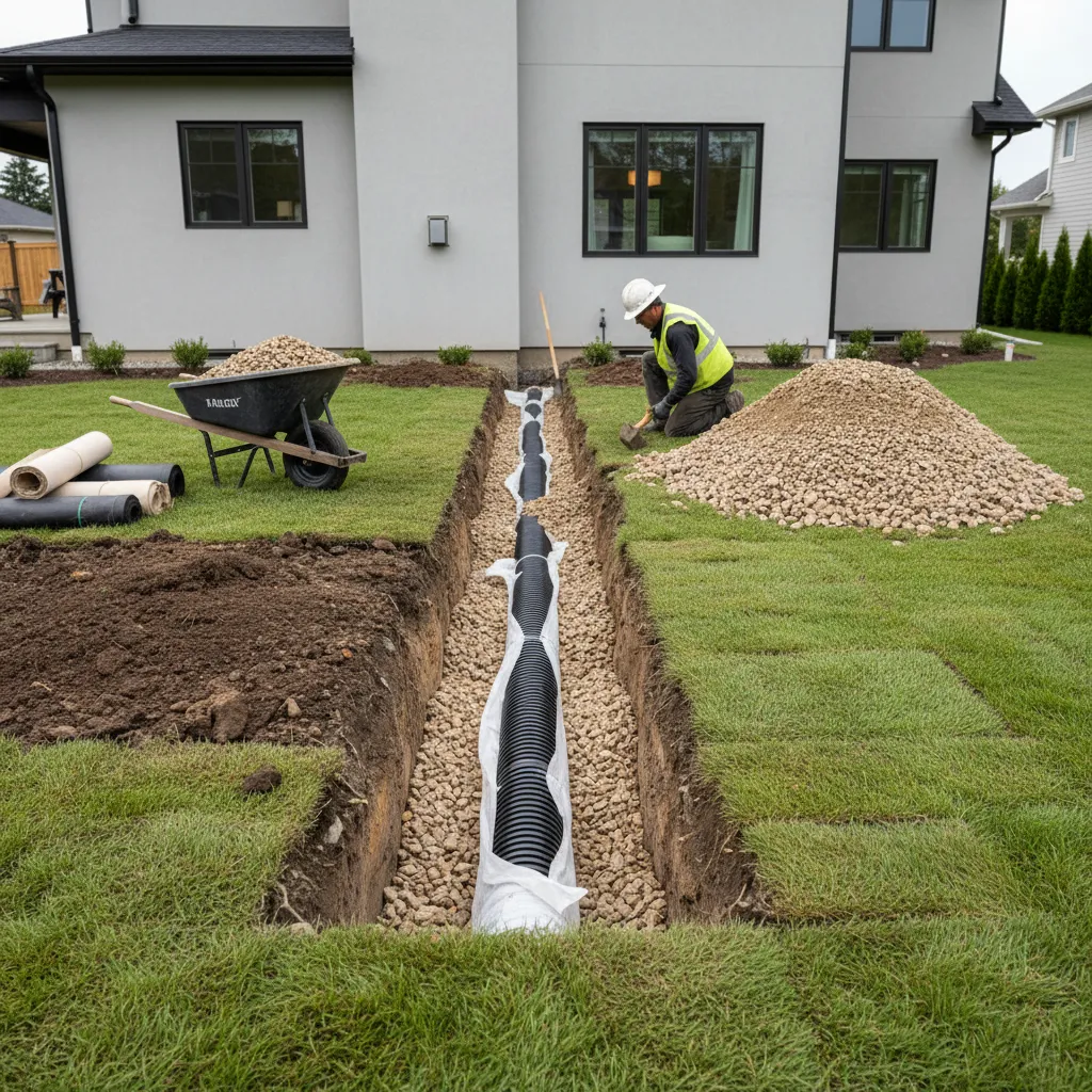 French drain installation trench with gravel pipe system beside a house