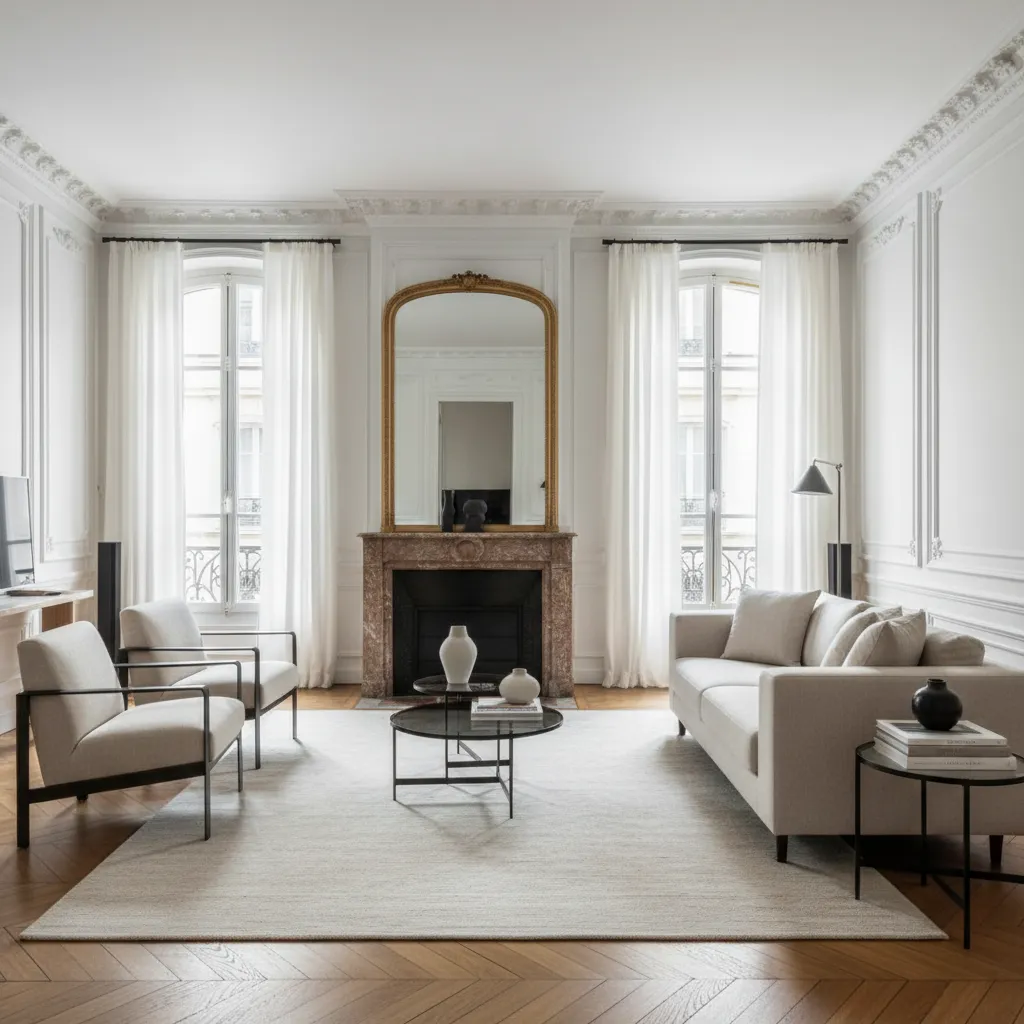 Elegant living room with marble fireplace gold mirror beige sofa white curtains and wall panels