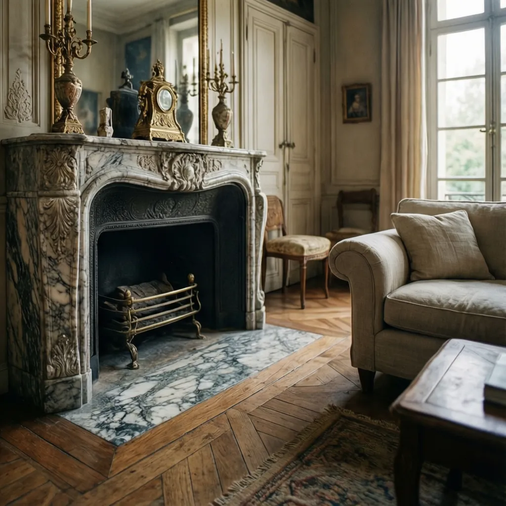 Elegant living room corner featuring a carved marble fireplace wooden coffee table sofa and flooring
