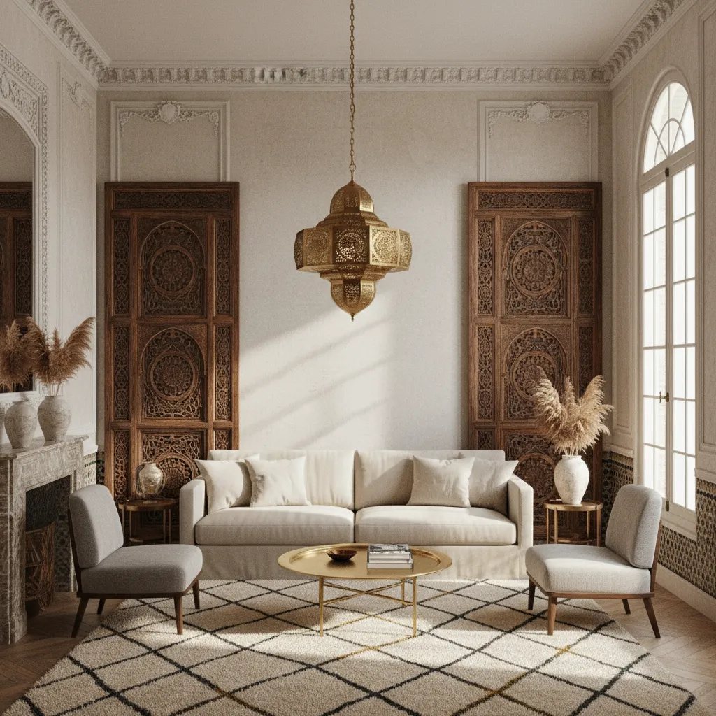 Elegant living room with beige sofa gold coffee table ornate wall panel and hanging light