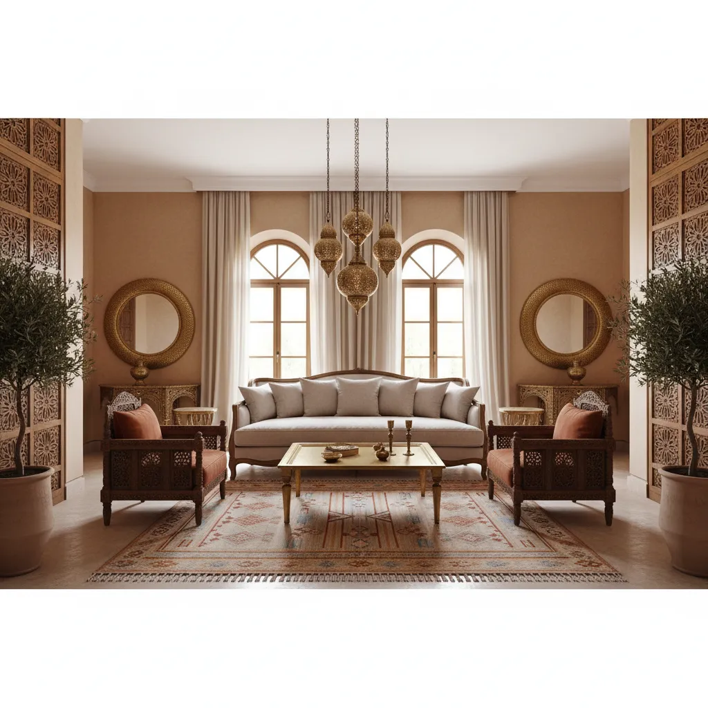 Balanced living room with large sofa two chairs hanging ceiling light mirrors and patterned rug