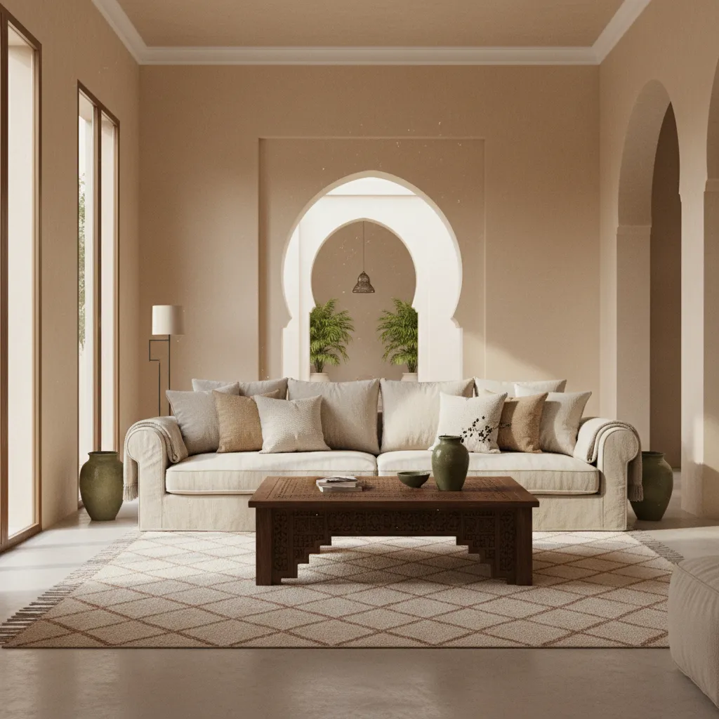 French Moroccan living room with linen sofa, carved wood table and textured plaster walls