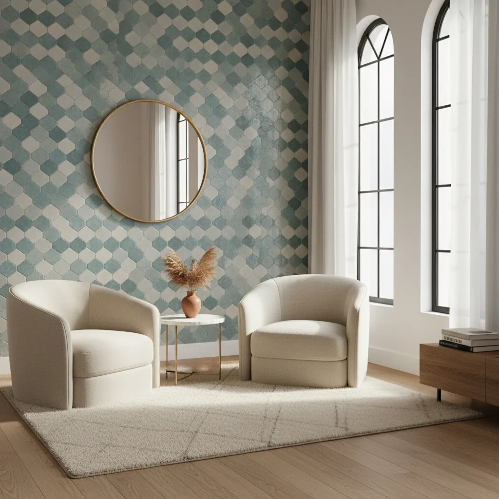 Interior showing balance between Moroccan tile textures and French linen furniture