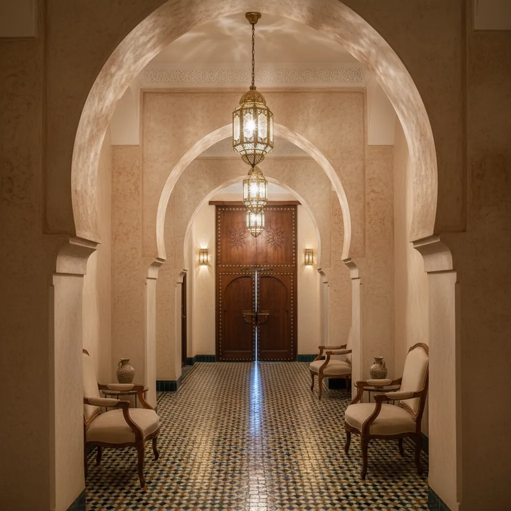 arched hallway with zellige tile and Moroccan lanterns