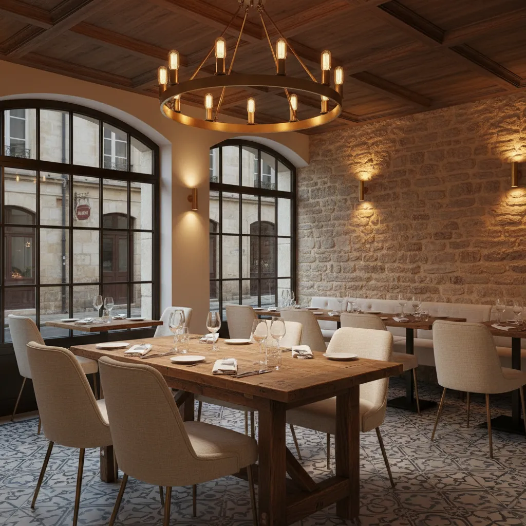 Close view of materials used in French inspired restaurant interiors