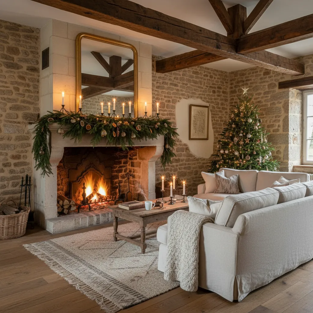 Sala rústica francesa con chimenea decorada con guirnaldas navideñas