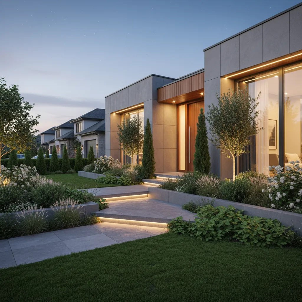 Casa de barrio con jardín frontal y camino peatonal
