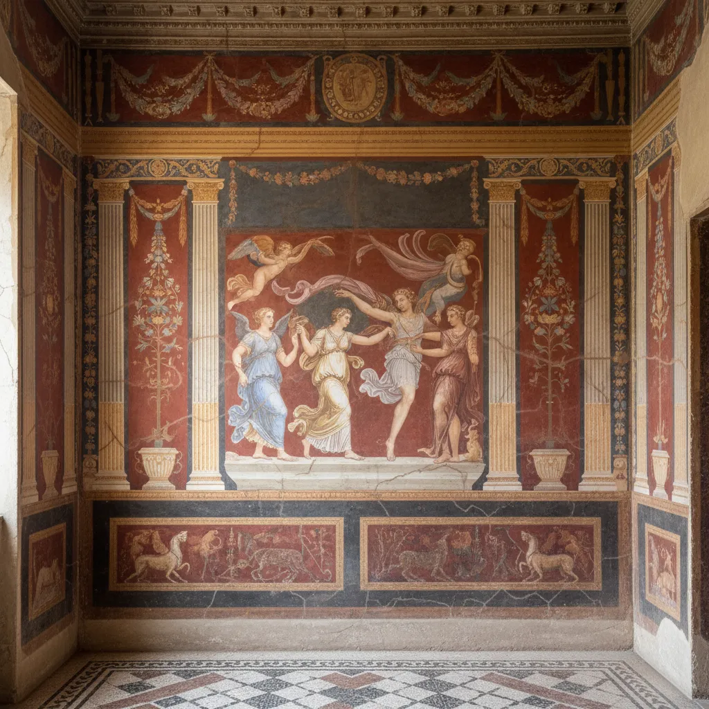 Pared interior romana con frescos de estilo pompeyano