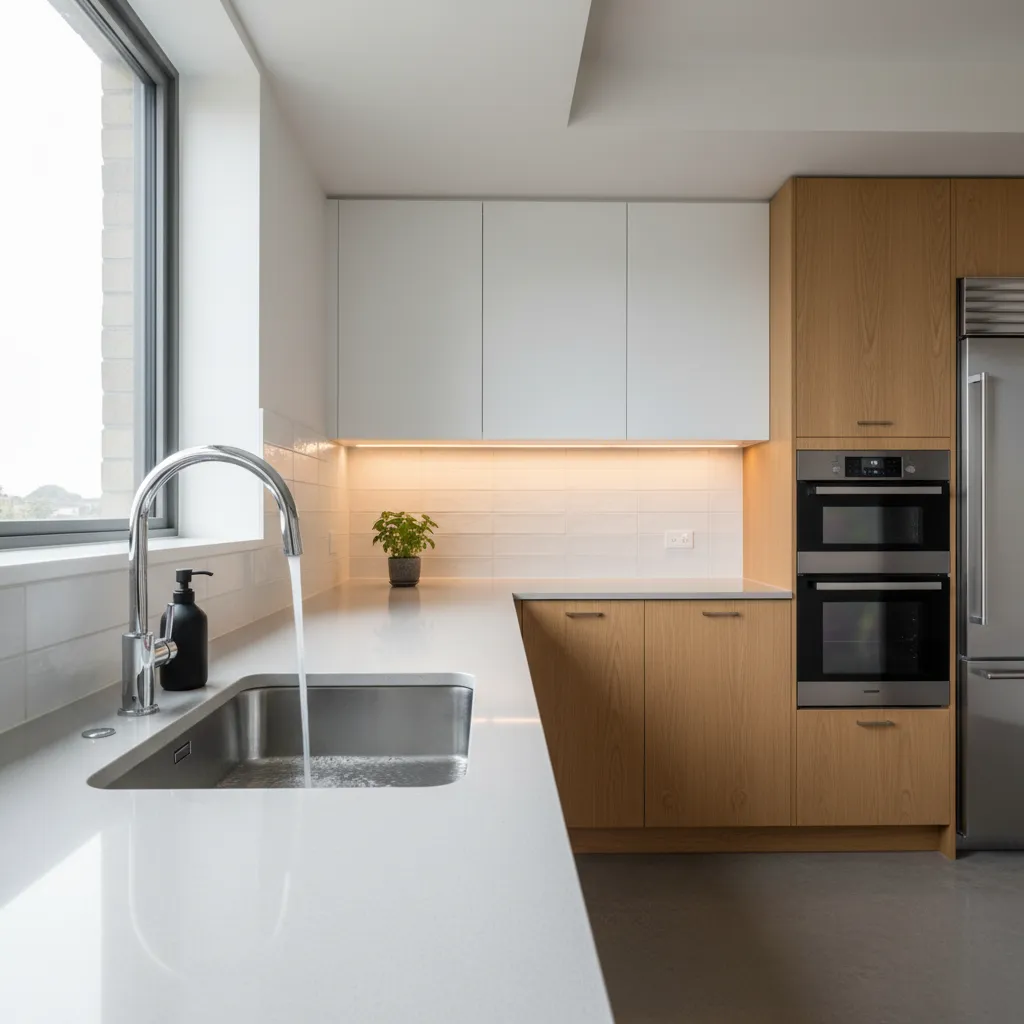 bright modern kitchen sink area after cleaning with fresh smell and tidy countertop