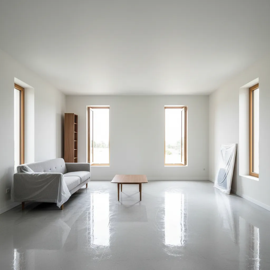 Freshly painted floor drying in empty room with windows open