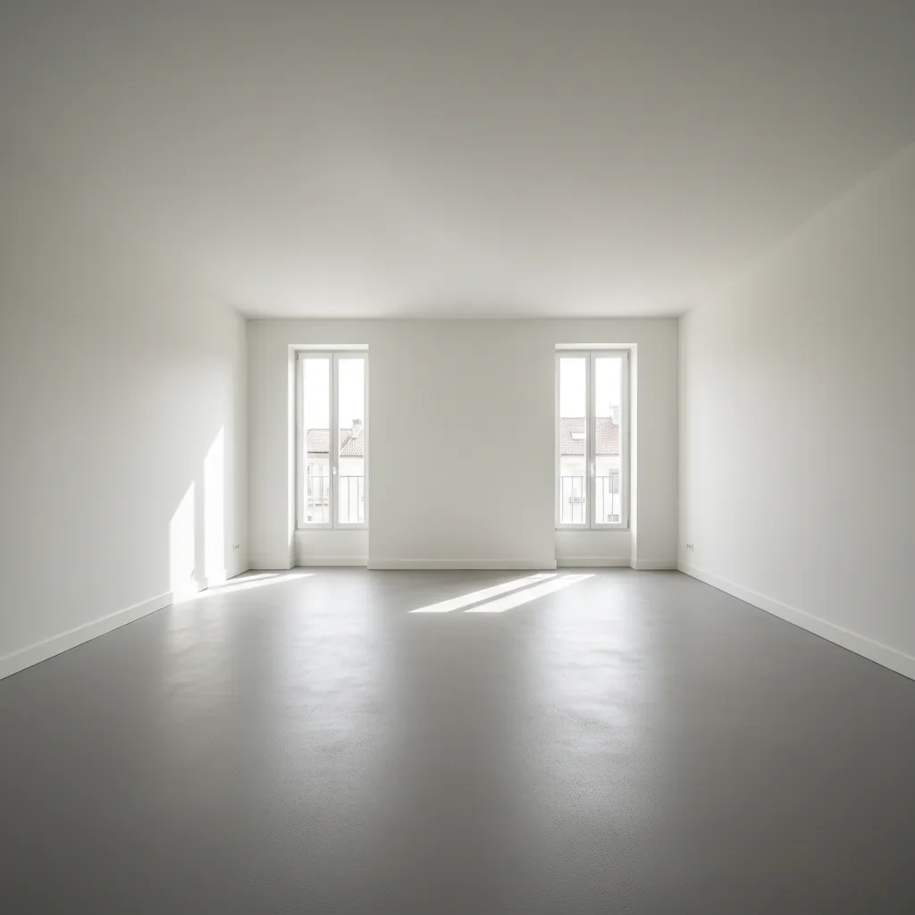 Empty room with newly painted floor drying and sunlight coming through windows