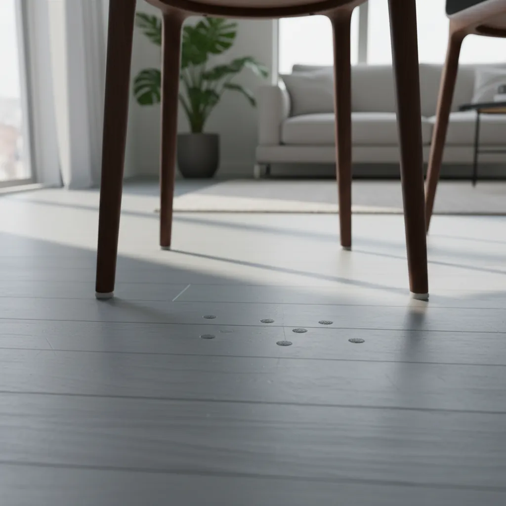 Close view of dent marks on newly painted floor caused by furniture legs