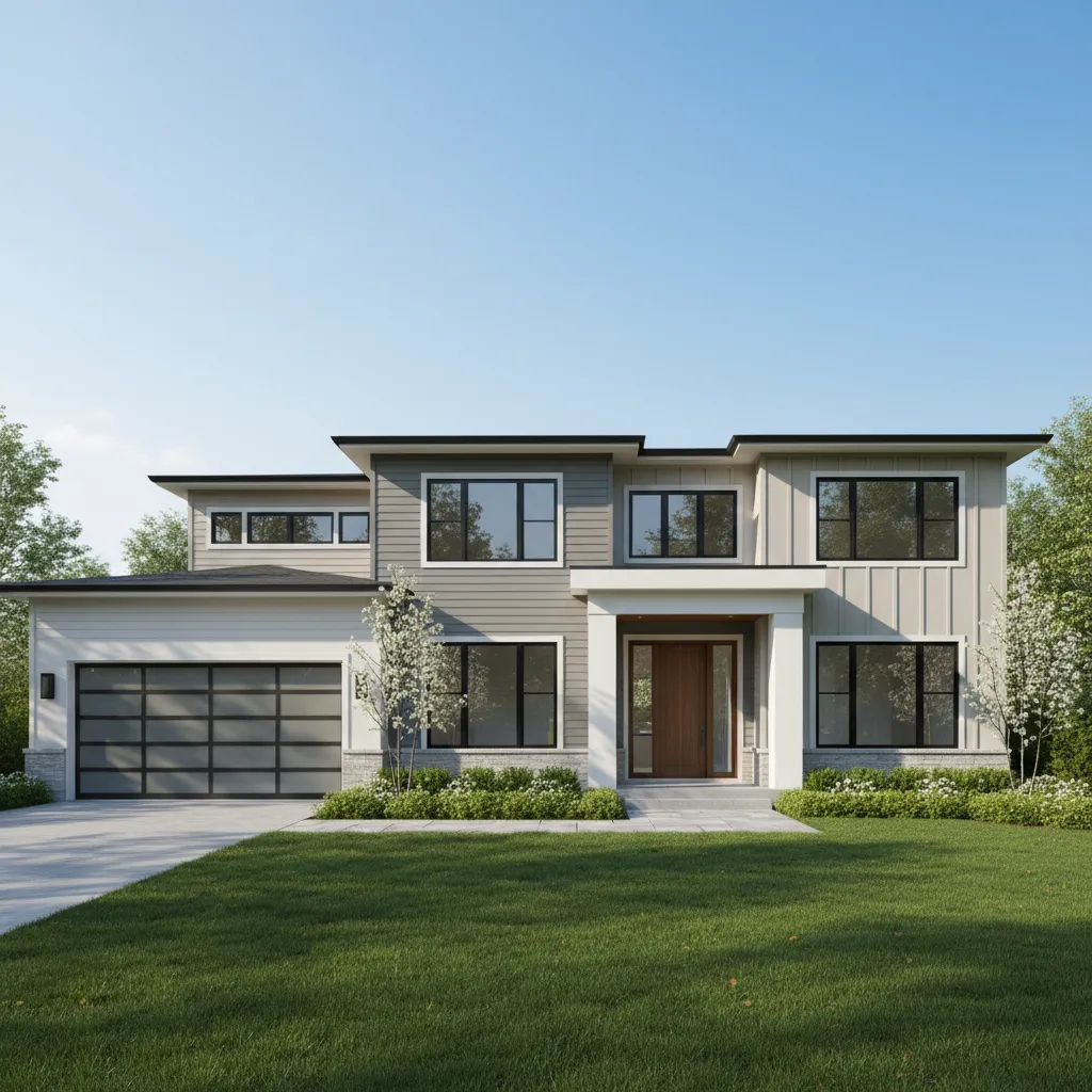 Freshly painted large house exterior with modern neutral colors