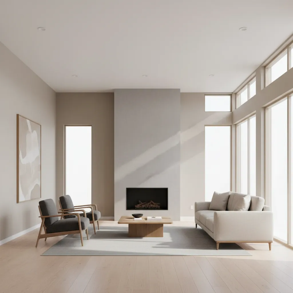 freshly painted modern open concept living room with smooth wall finish