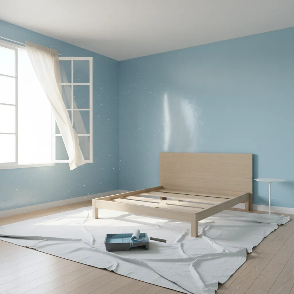 freshly painted interior room with drying walls and open window ventilation