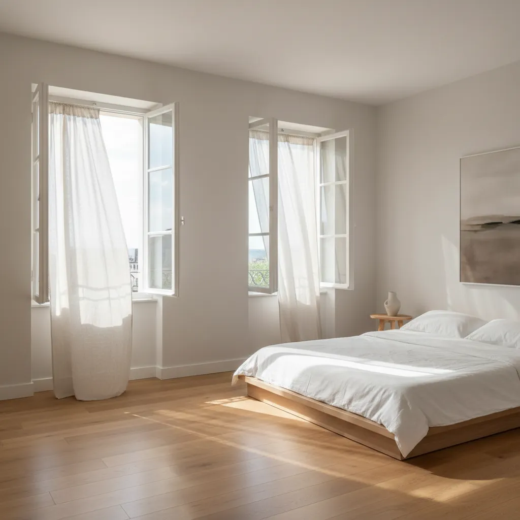 freshly painted bedroom with open windows and airflow