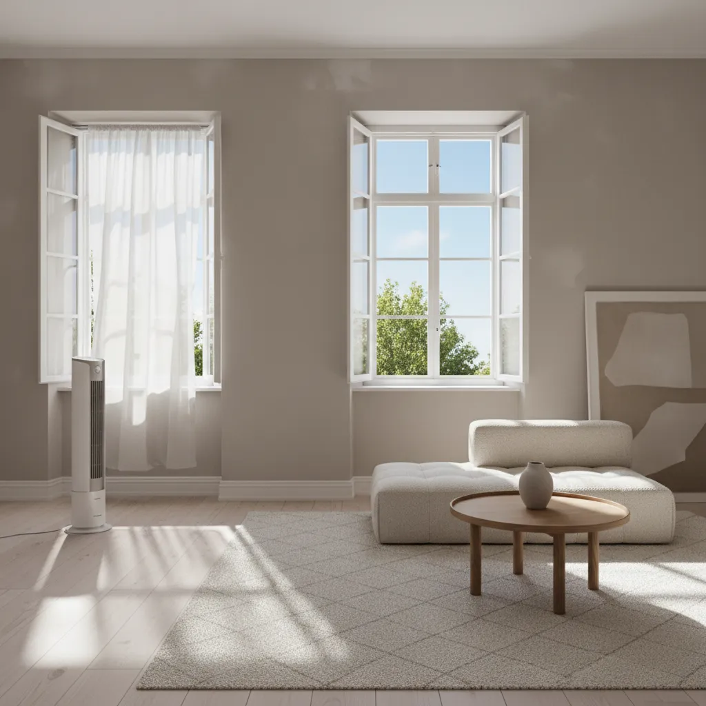 freshly painted room with windows open and fans ventilating paint fumes