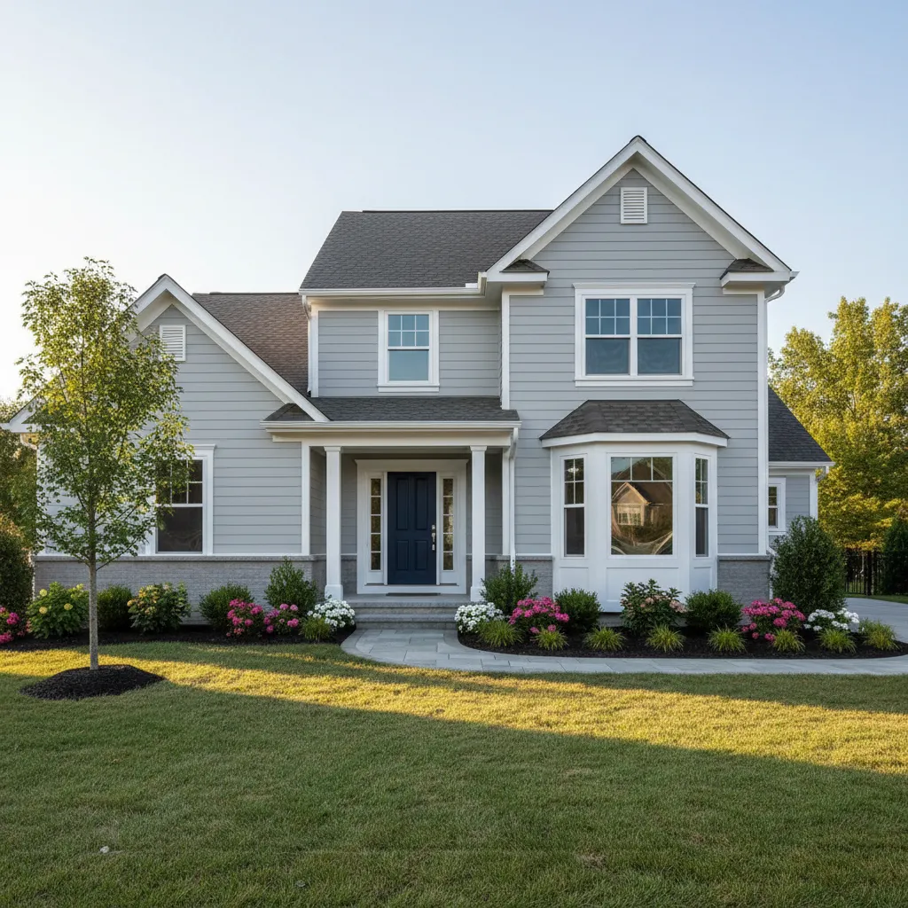Freshly painted modern two story house exterior with clean siding and trim